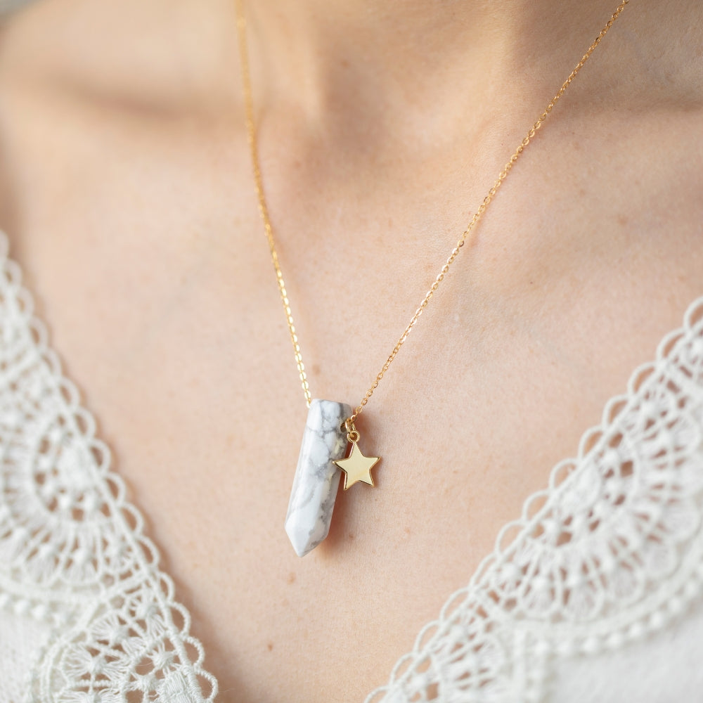 White Howlite Point Pendant Necklace with Gold Star