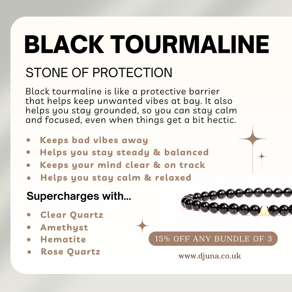 Black Tourmaline Bracelet with Engraved Sterling Silver Charm - Djuna Studios