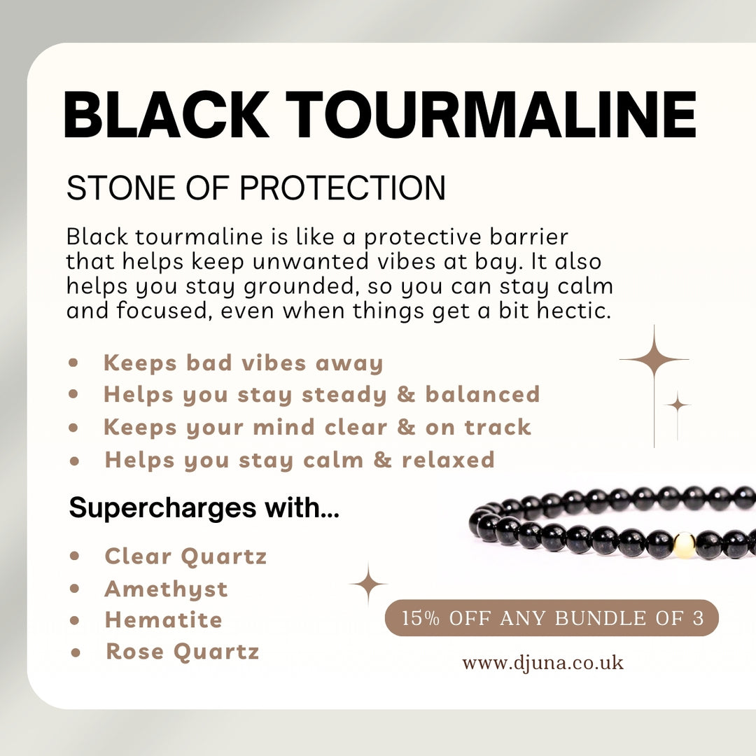 Black Tourmaline Bracelet with Engraved Sterling Silver Charm - Djuna Studios