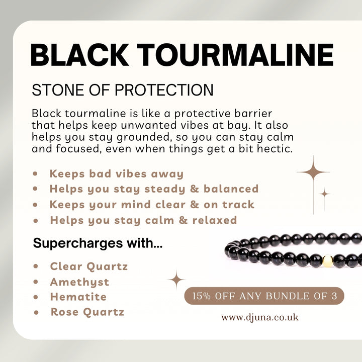 Black Tourmaline Bracelet with Engraved Sterling Silver Charm - Djuna Studios