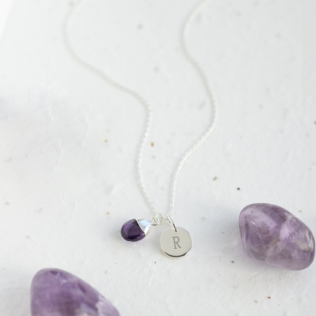 Initial Teardrop Amethyst Necklace - Sterling Silver