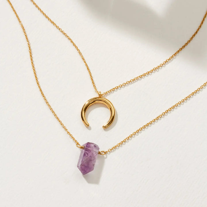 Layered Crystal Necklace – Amethyst Point Pendant Set, Handmade Jewellery