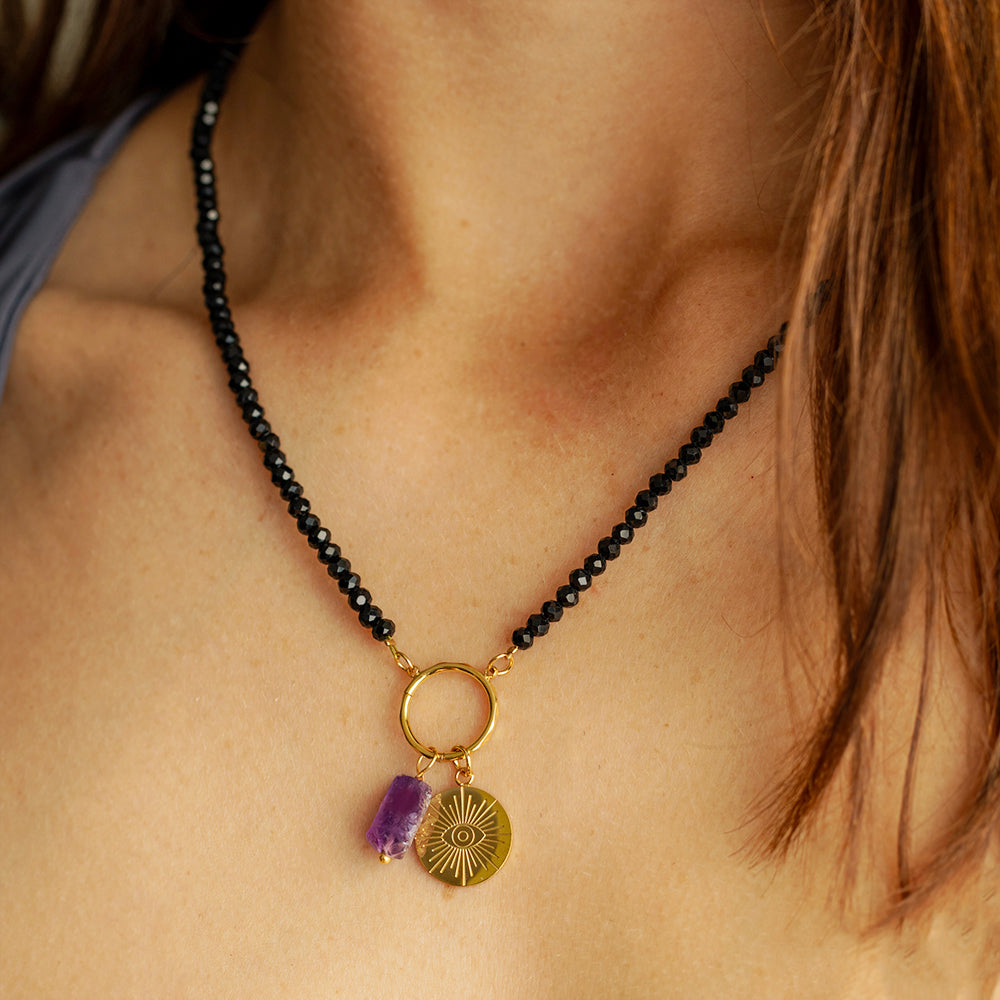 Black Spinel Charm Necklace with Raw Amethyst & Engravable Evil Eye – 22K Gold Plated