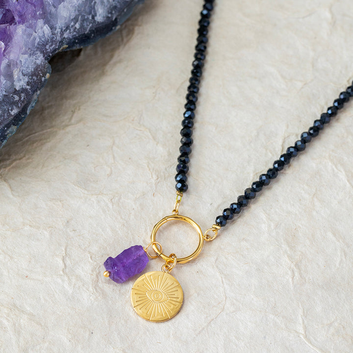 Black Spinel Charm Necklace with Raw Amethyst & Engravable Evil Eye – 22K Gold Plated