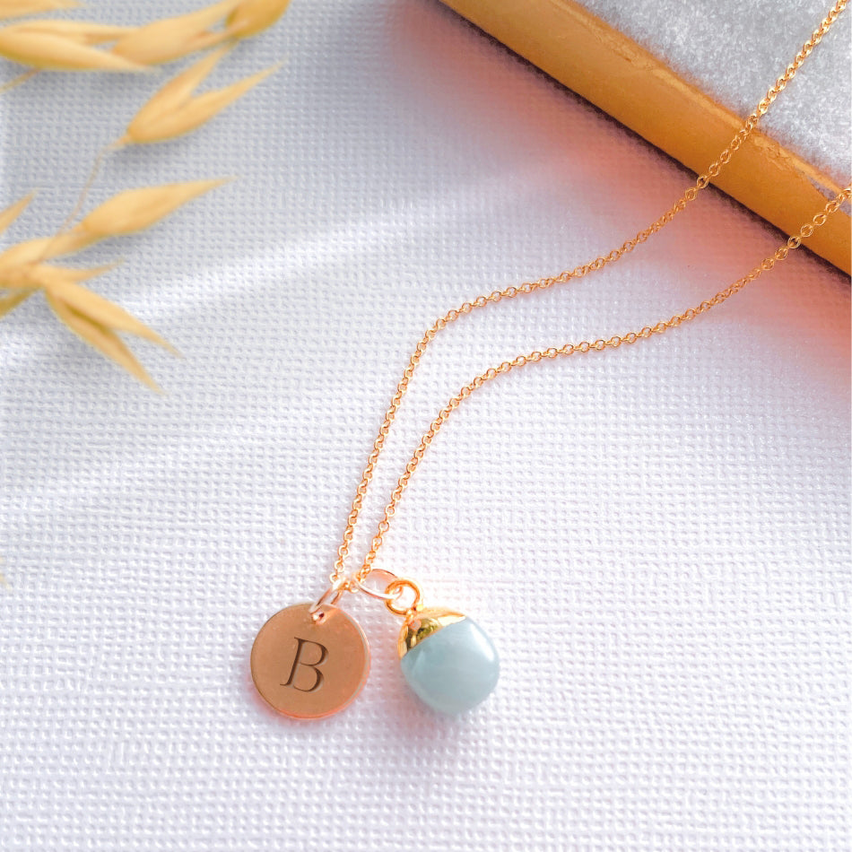 Initial Teardrop Aquamarine Necklace - Gold