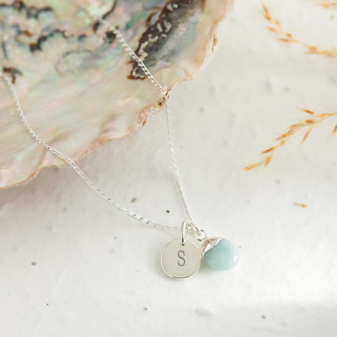 Initial Teardrop Aquamarine Necklace - Sterling Silver