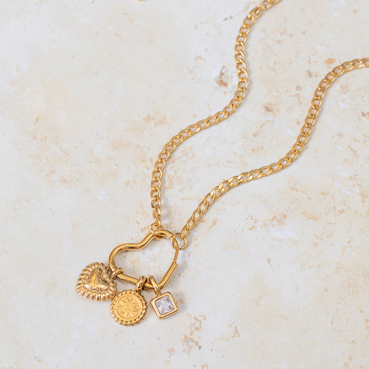 Heart Charm Holder Necklace with Birthstone, Mandala & Puffed Heart – 22K Gold Plated