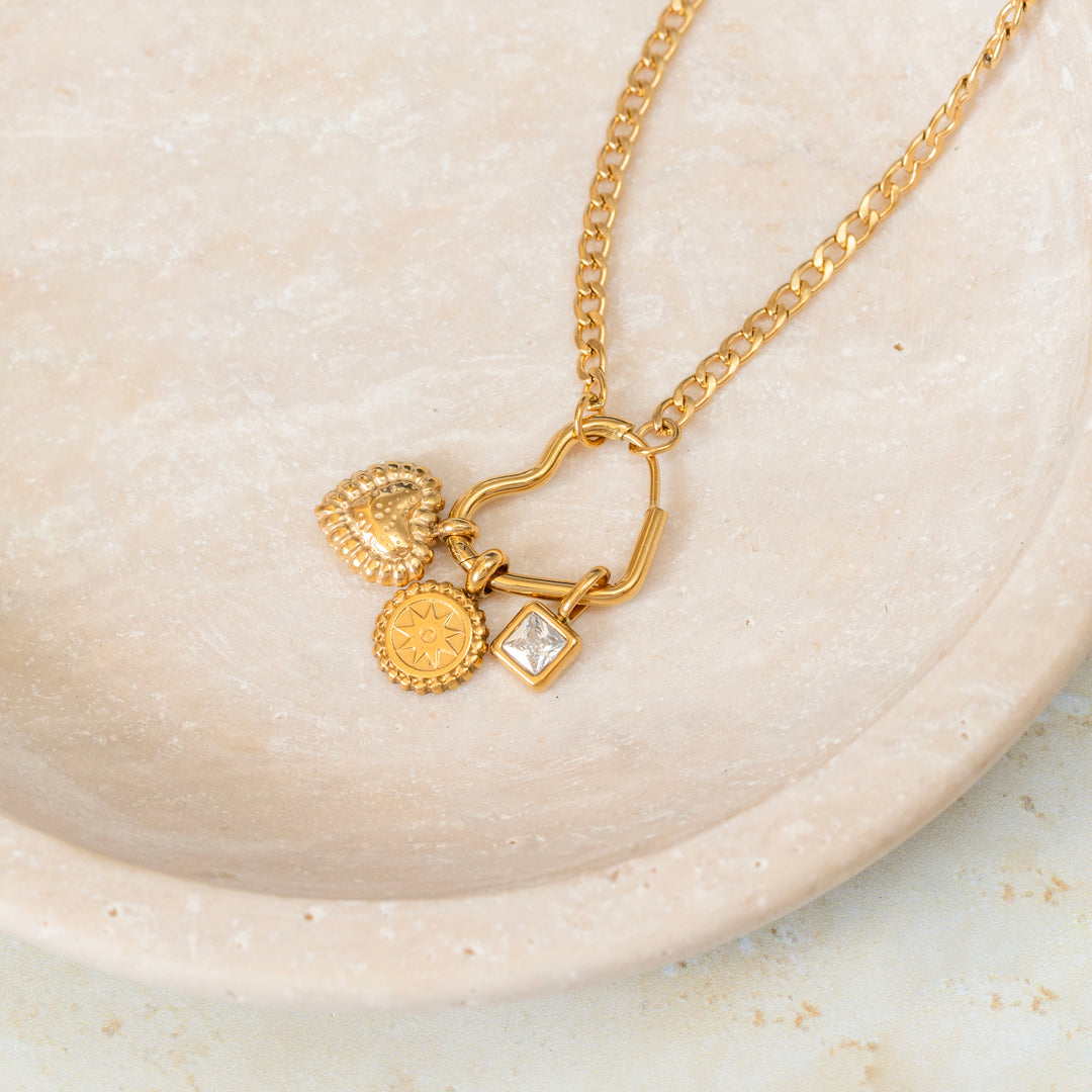 Heart Charm Holder Necklace with Birthstone, Mandala & Puffed Heart – 22K Gold Plated