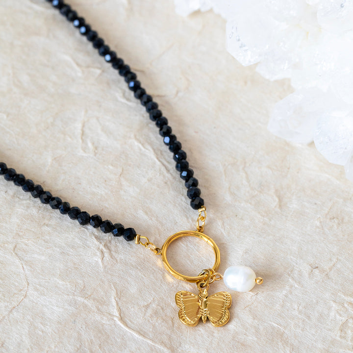 Black Spinel Charm Necklace with Butterfly & Natural Pearl – 22K Gold Plated