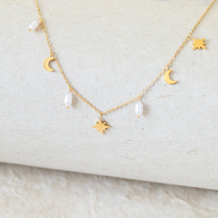 Celestial Pearl Charm Choker – 22K Gold Plated – Crescent Moon & Star Necklace
