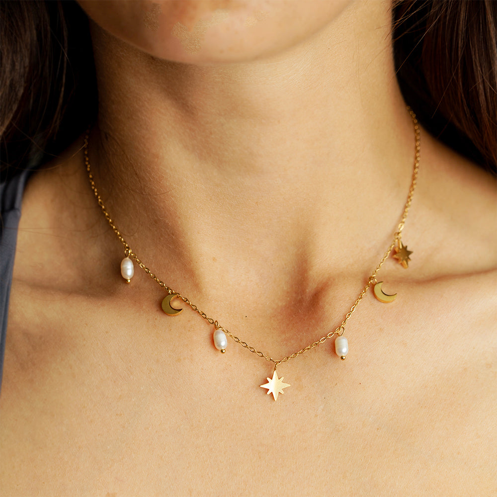 Celestial Pearl Charm Choker – 22K Gold Plated – Crescent Moon & Star Necklace