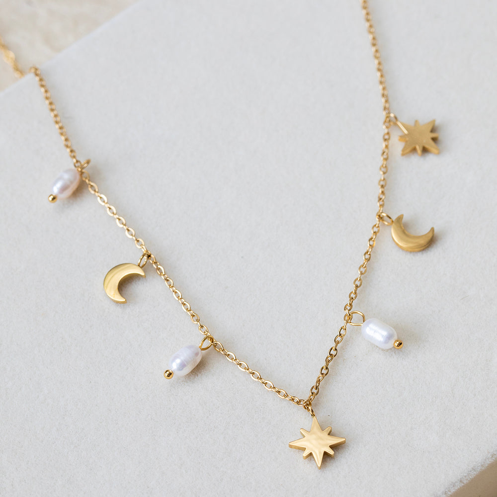 Celestial Pearl Charm Choker – 22K Gold Plated – Crescent Moon & Star Necklace