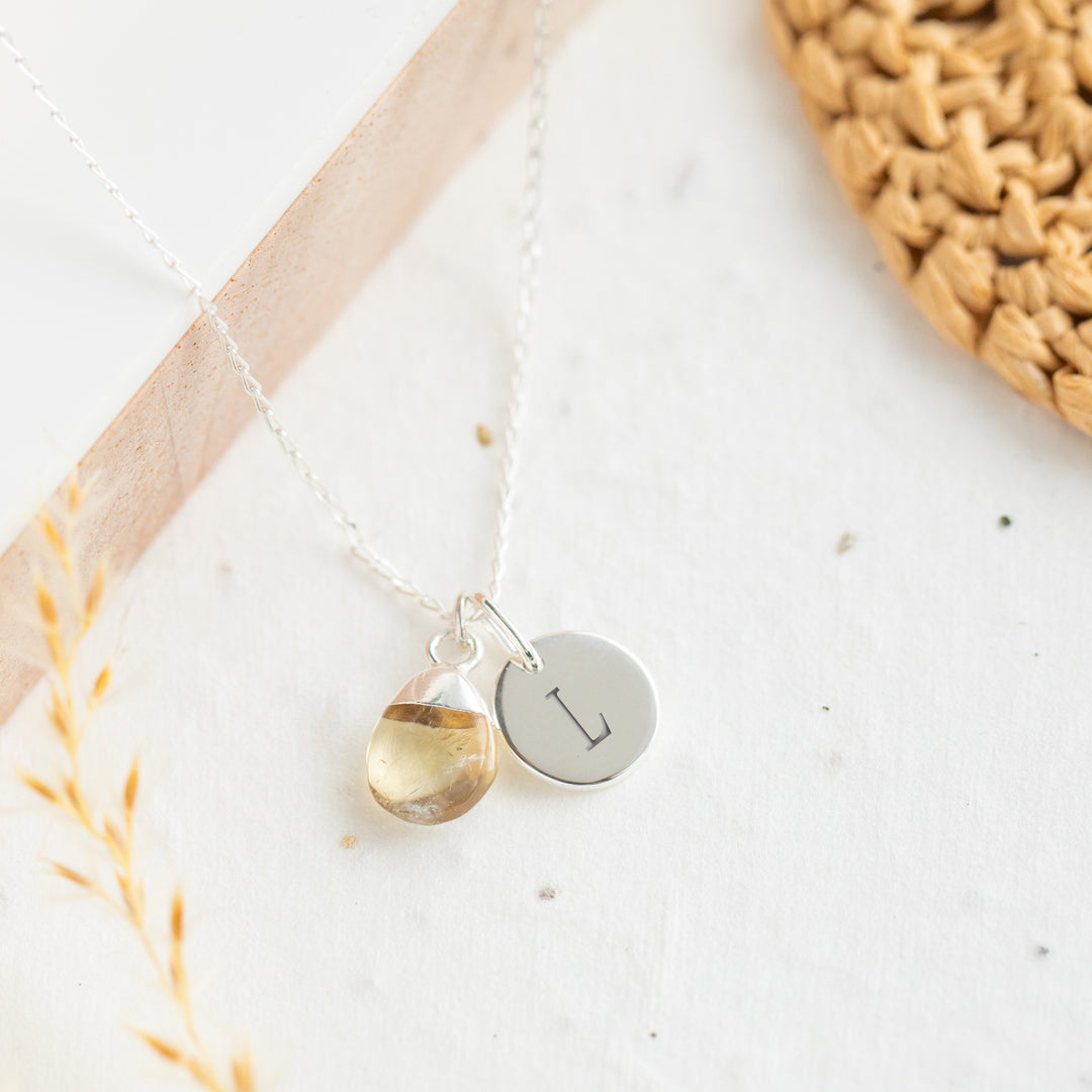 Initial Teardrop Citrine Necklace - Sterling Silver