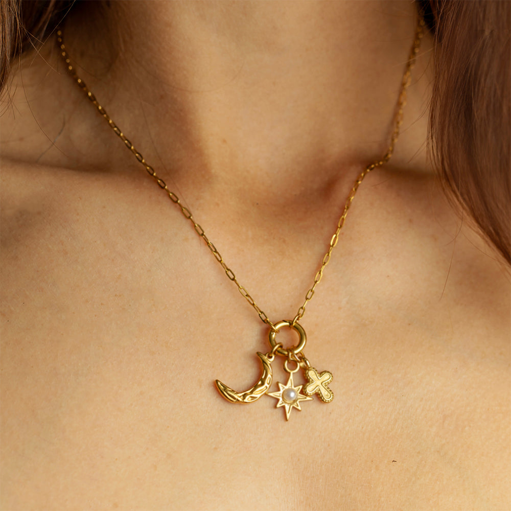 Crescent Moon, Star & Cross Charm Necklace – 22K Gold Plated