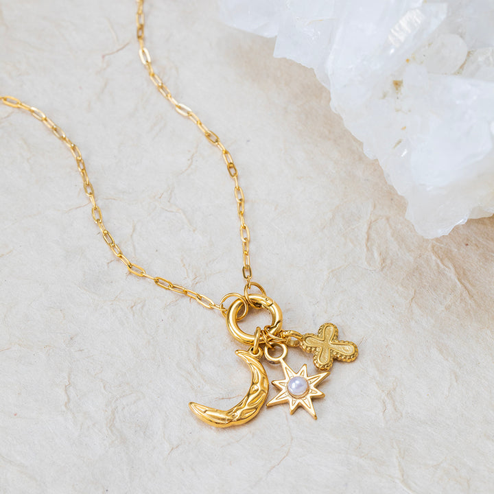 Crescent Moon, Star & Cross Charm Necklace – 22K Gold Plated