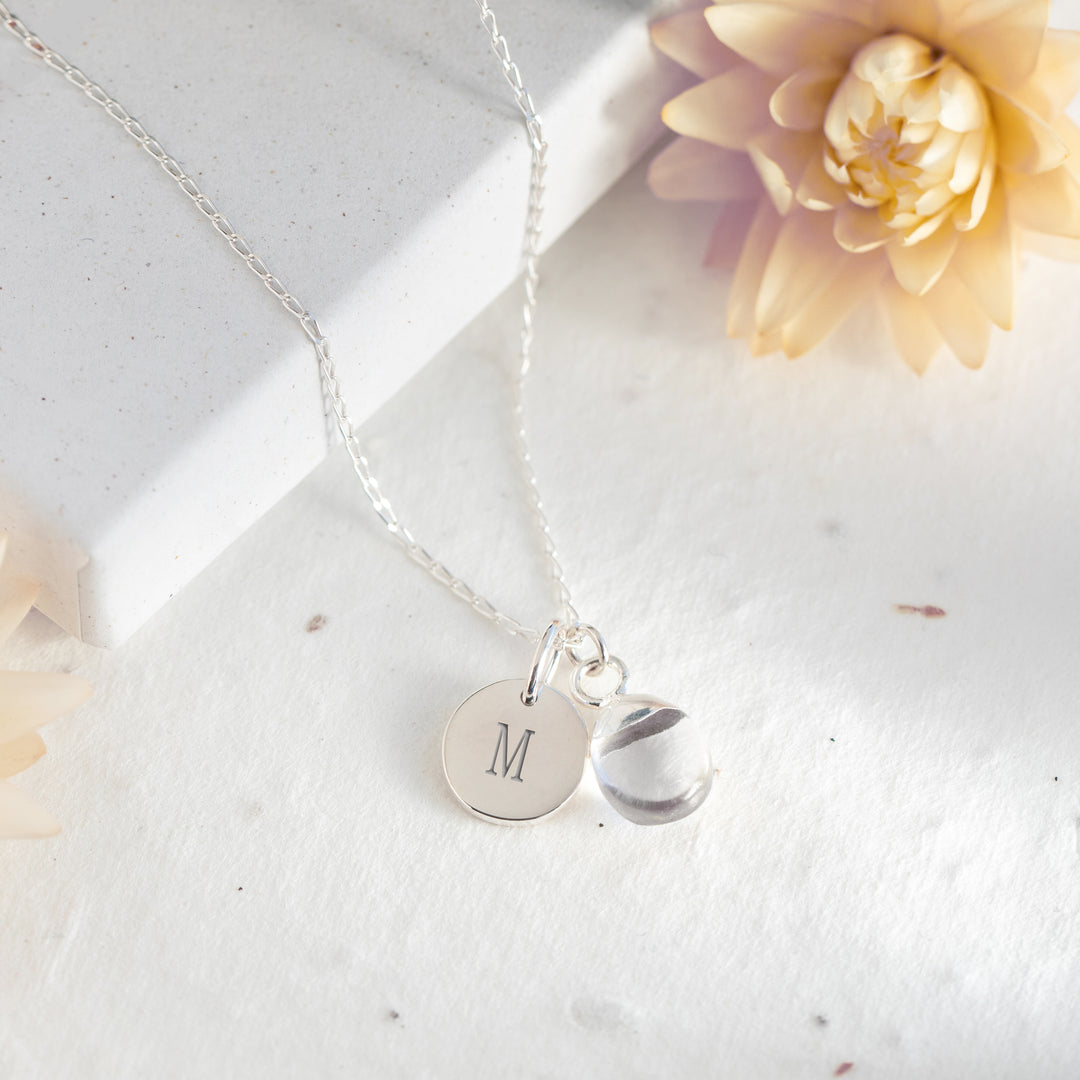 Initial Teardrop Clear Quartz Necklace - Sterling Silver