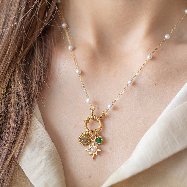 Celestial Trio Charm Necklace – 22K Gold Plated - Birthstone, Sun & Pearl Star