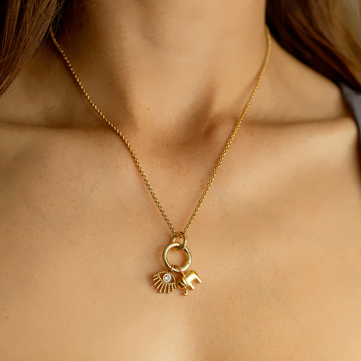 Evil Eye & Elephant Charm Necklace – 22K Gold Plated