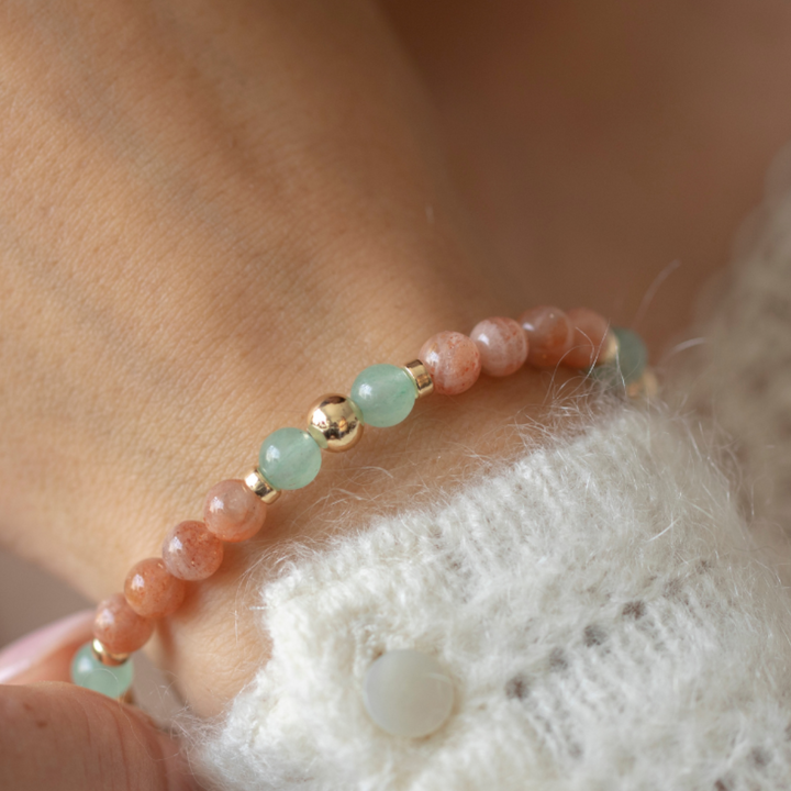 Sunstone and Aventurine Bracelet 6mm – Gold Accents