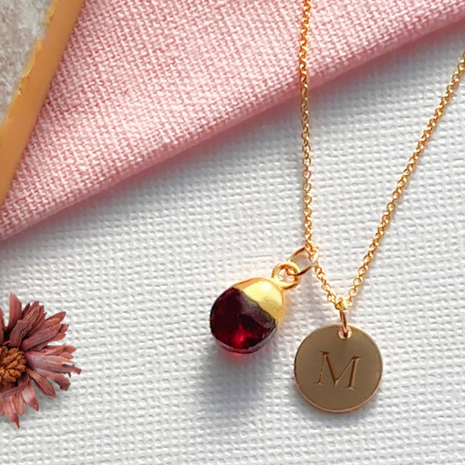 Initial Teardrop Garnet Necklace - Gold