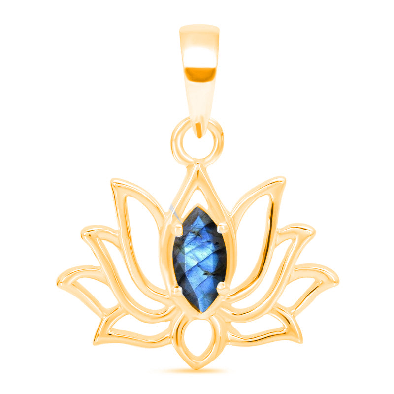 Gold Vermeil Lotus Pendant Necklace with Labradorite – Marquise Cut Centre – Satellite Chain
