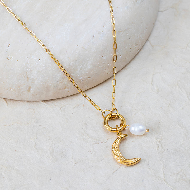 Charm Necklace with Crescent Moon & Natural Pearl – 22K Gold Plated