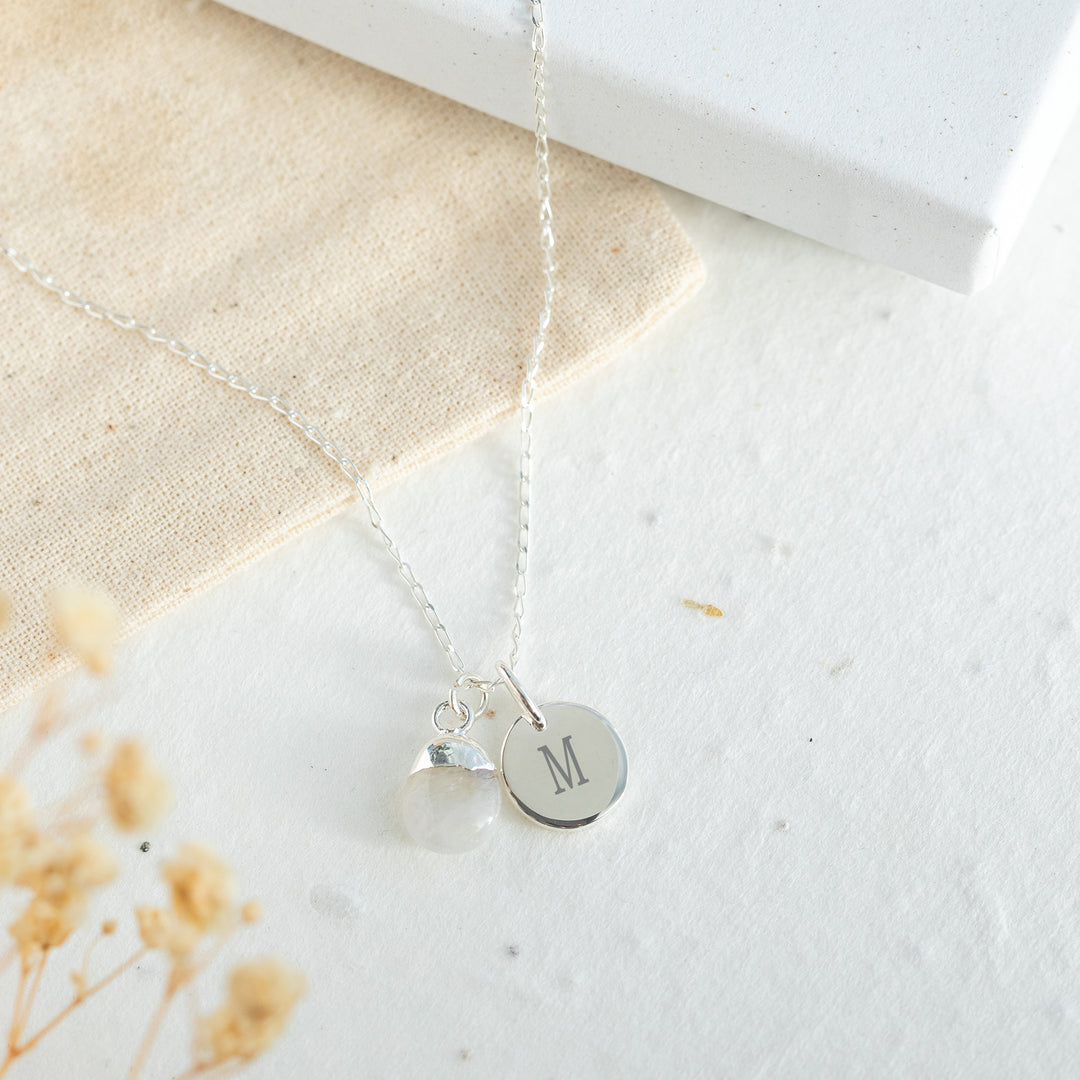 Initial Teardrop Rainbow Moonstone Necklace - Sterling Silver