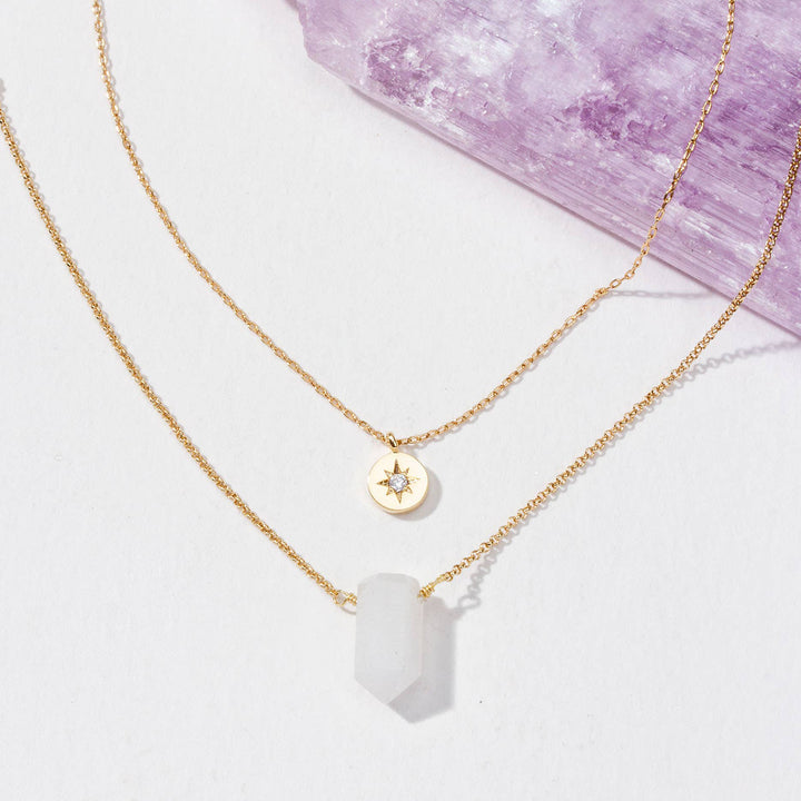 Layered Gold Necklace Set with Rainbow Moonstone – Golden Moonlight Crystal Jewellery