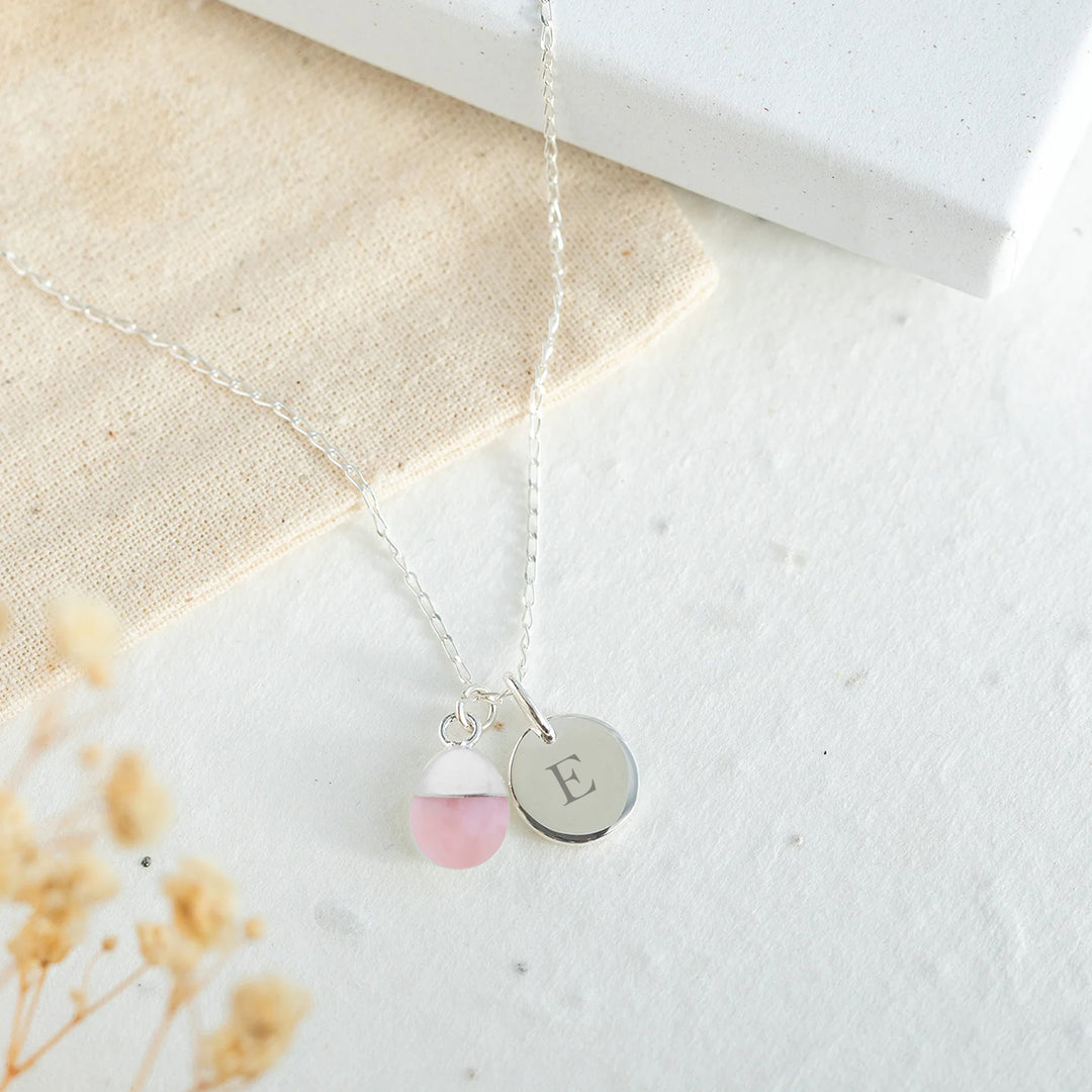 Sterling Silver Pink Opal Necklace – Teardrop Gem with Personalised Initial