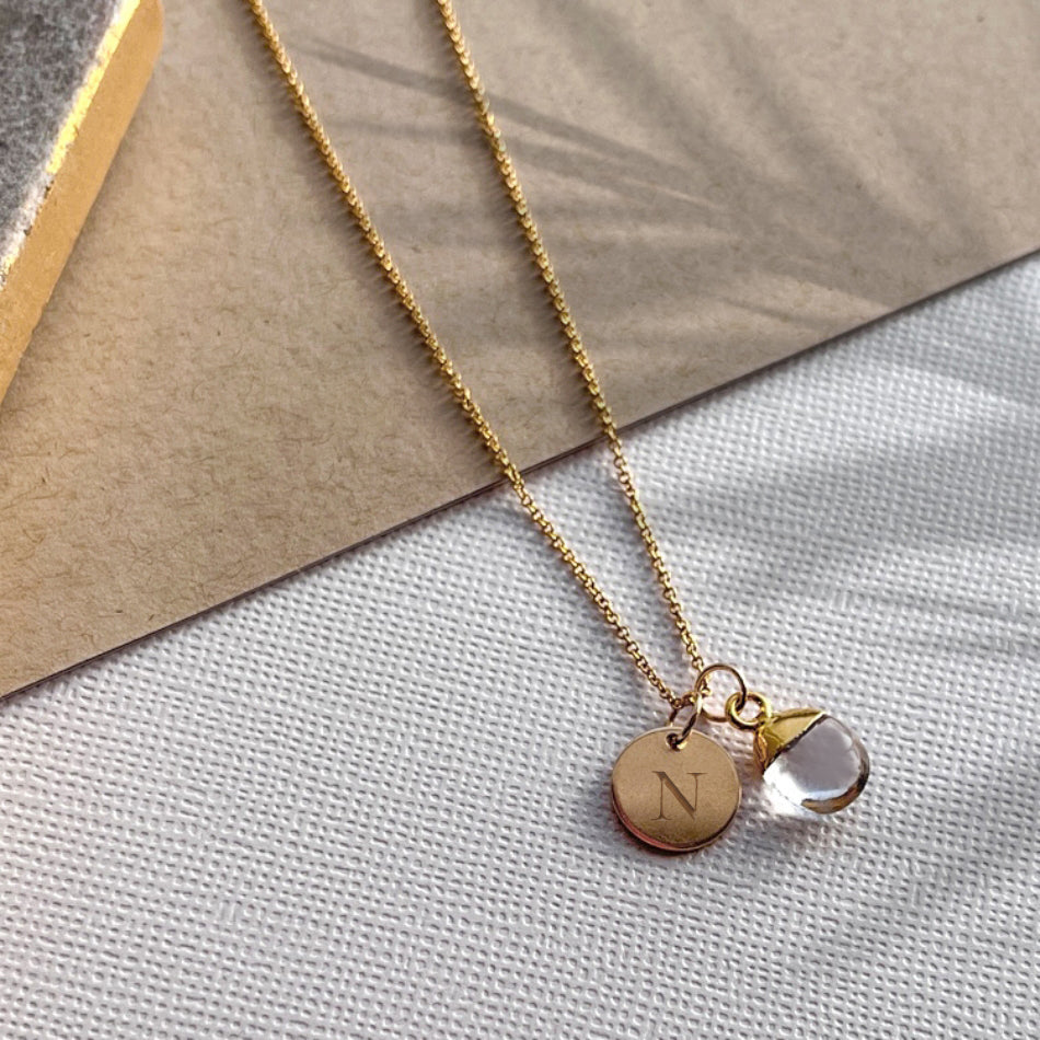 Initial Teardrop Clear Quartz Necklace - Gold