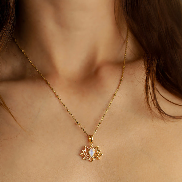 Gold Vermeil Lotus Pendant Necklace with Rainbow Moonstone – Marquise Cut Centre