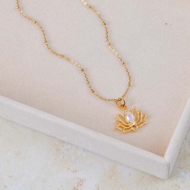 Gold Vermeil Lotus Pendant Necklace with Rainbow Moonstone – Marquise Cut Centre