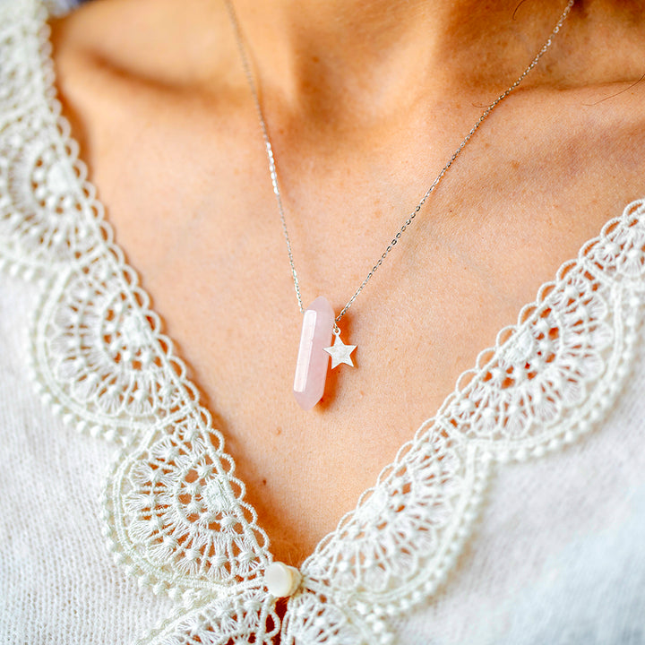 Rose Quartz Double Point Pendant Necklace with Gold Star