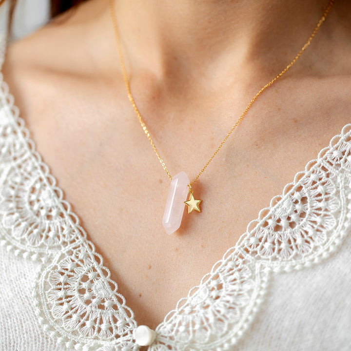 Rose Quartz Double Point Pendant Necklace with Gold Star