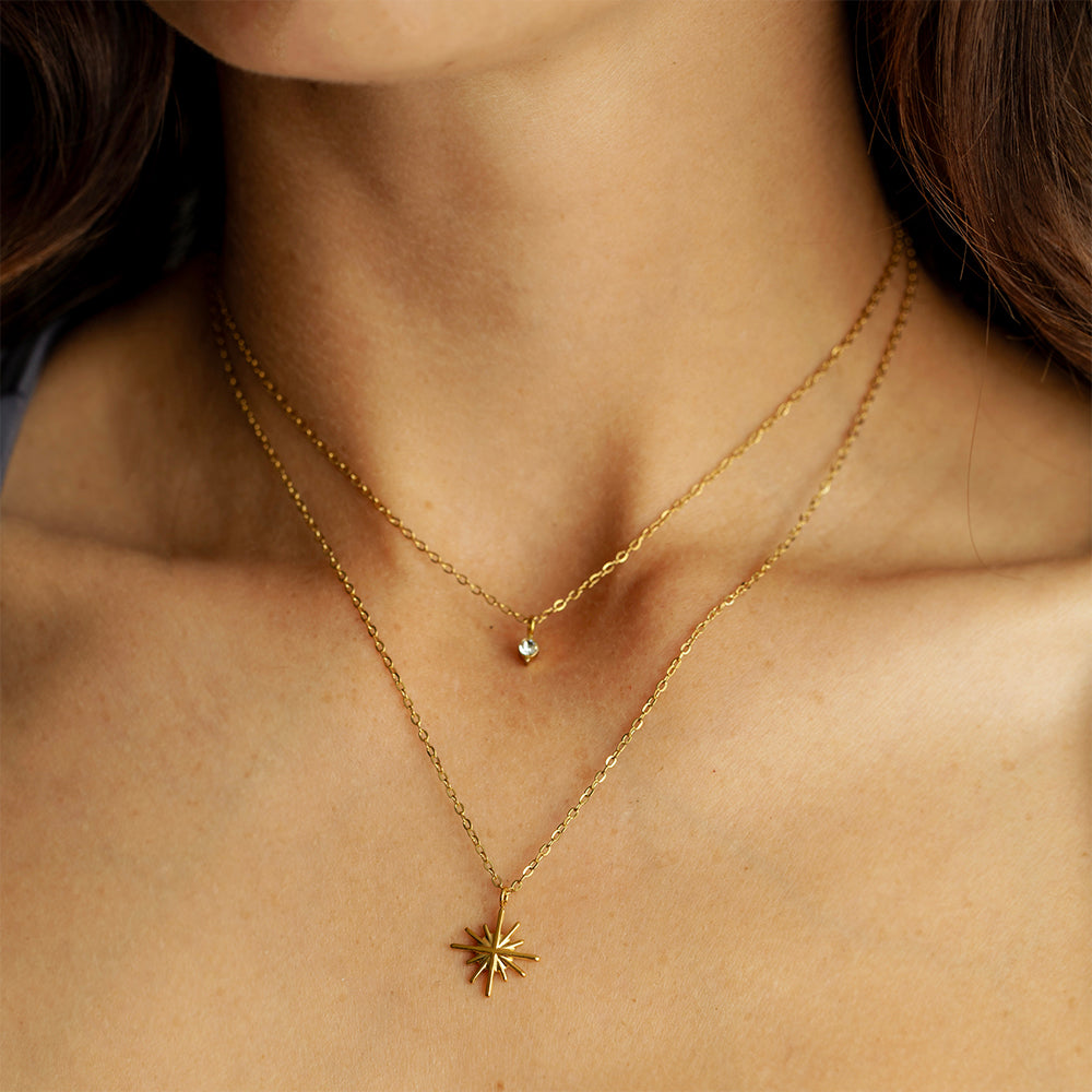 Layered Golden Starburst and Crystal Necklace - 22K Gold Plated