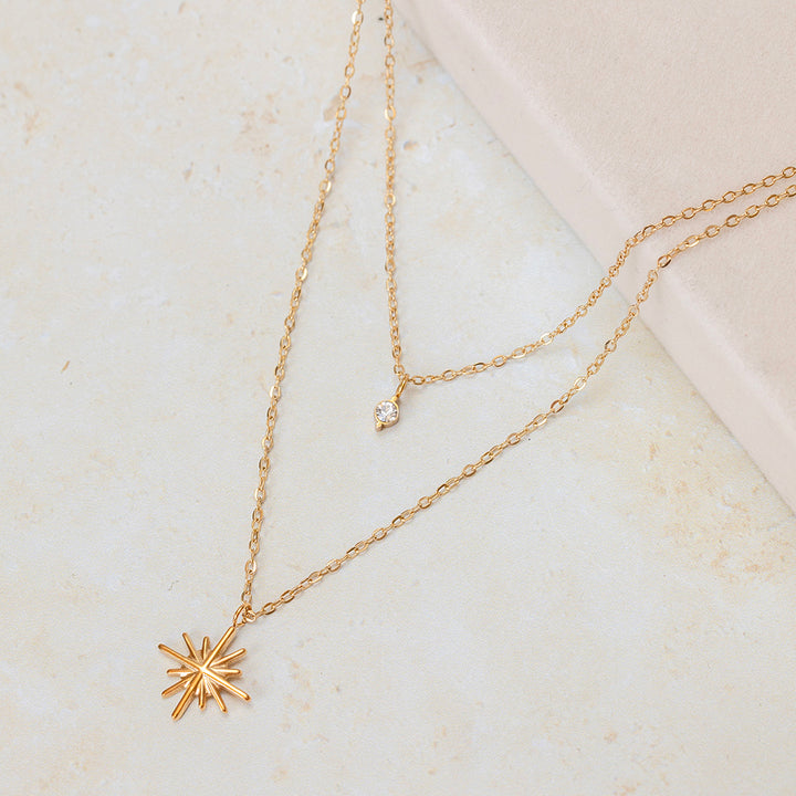 Layered Golden Starburst and Crystal Necklace - 22K Gold Plated
