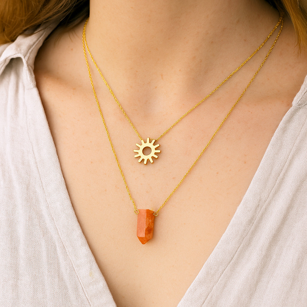 Layered Gold Necklace Set – Sun Salutation Sunstone Sun Pendant