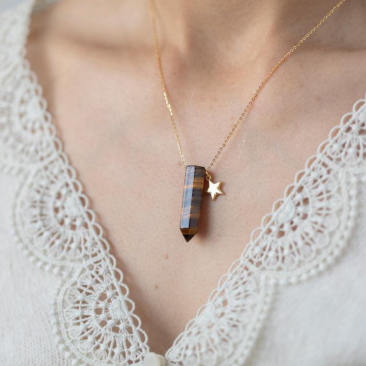 Tiger Eye Double Point Pendant Necklace with Gold Star