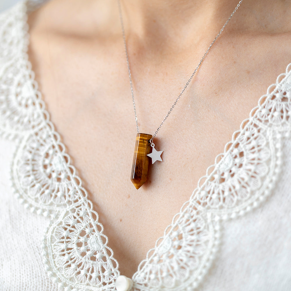 Tiger Eye Double Point Pendant Necklace with Gold Star