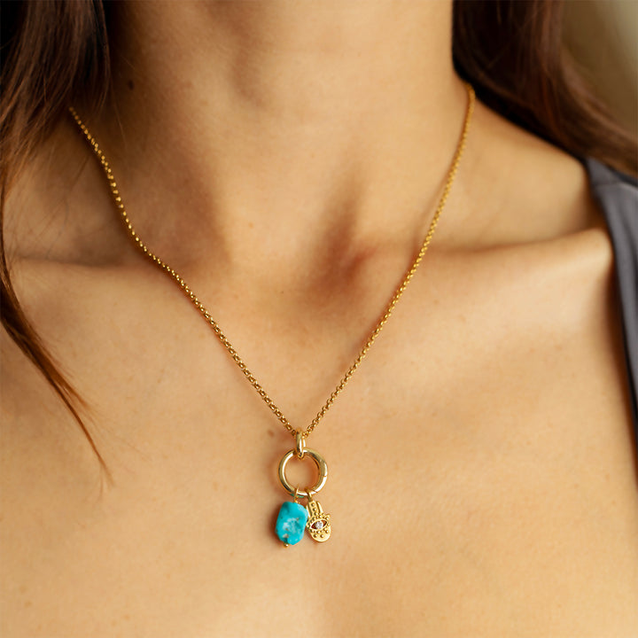 Turquoise & Hamsa Charm Necklace – 22K Gold Plated Evil Eye Protection Pendant