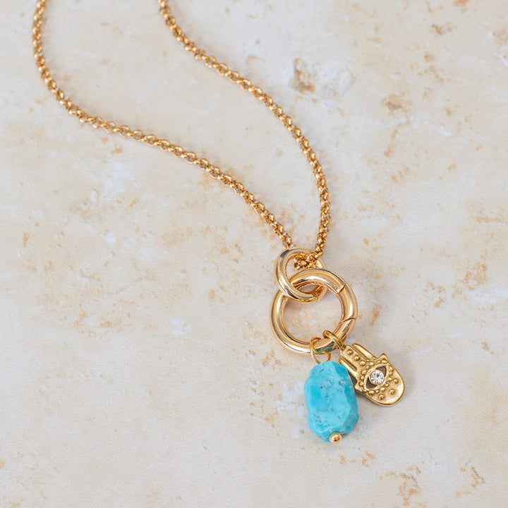 Turquoise & Hamsa Charm Necklace – 22K Gold Plated Evil Eye Protection Pendant