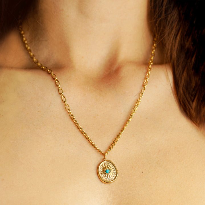 Sunburst Turquoise Pendant Necklace – Gold Chunky Chain – Natural Stone
