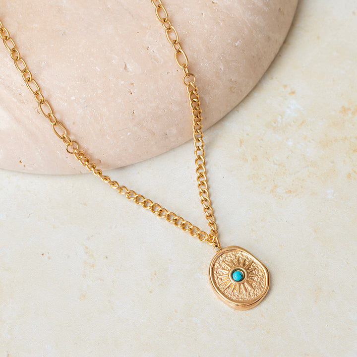 Sunburst Turquoise Pendant Necklace – Gold Chunky Chain – Natural Stone