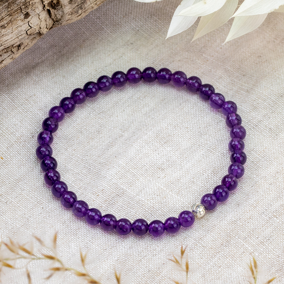 Amethyst Gemstone Bracelet 4mm with Sterling Silver Accent Bead