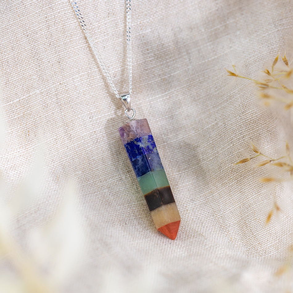 Chakra Point Pendant on Sterling Silver Chain incorporating all seven of the chakras for crystal healing