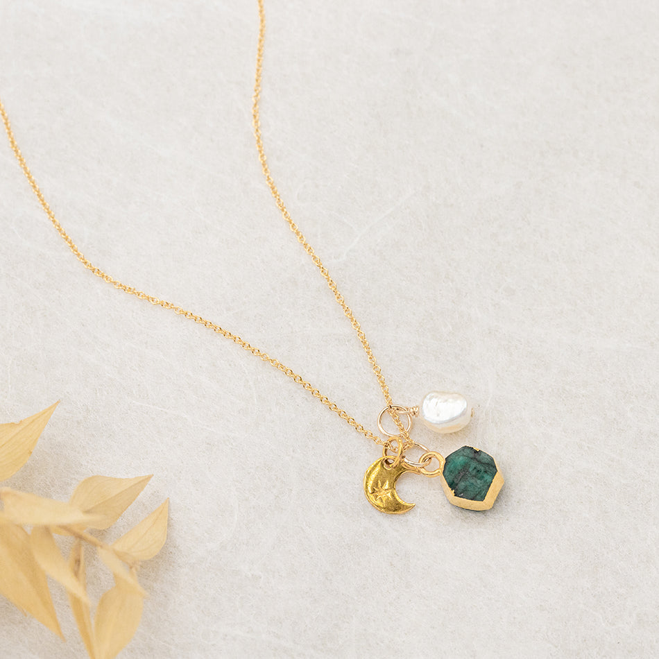 Emerald Crescent Moon Charm Necklace (May Birthstone) - Djuna Studios