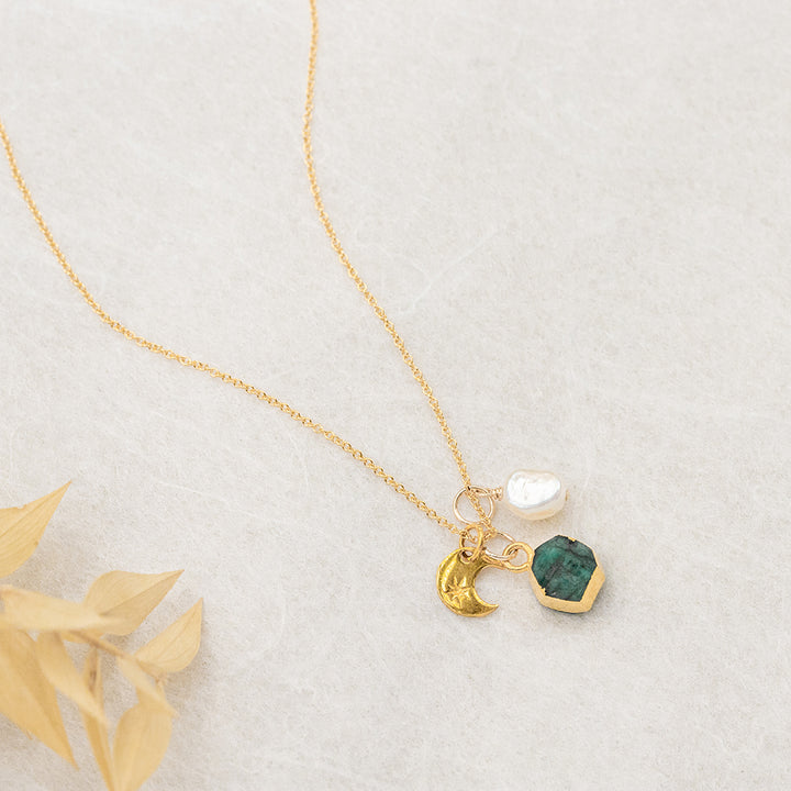 Emerald Crescent Moon Charm Necklace (May Birthstone) - Djuna Studios