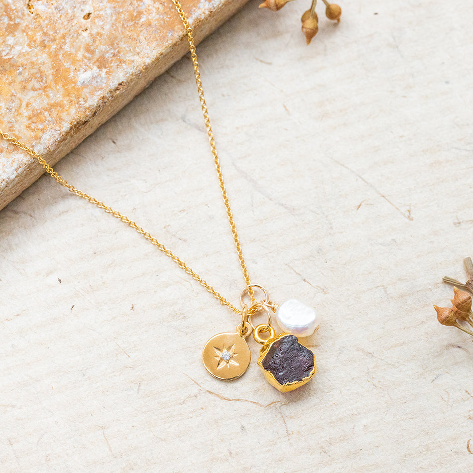Garnet North Star Charm Necklace (January Birthstone) - Djuna Studios