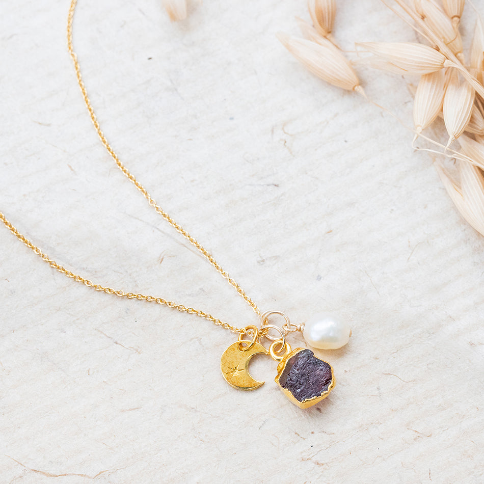 Garnet Crescent Moon Charm Necklace (January Birthstone) - Djuna Studios