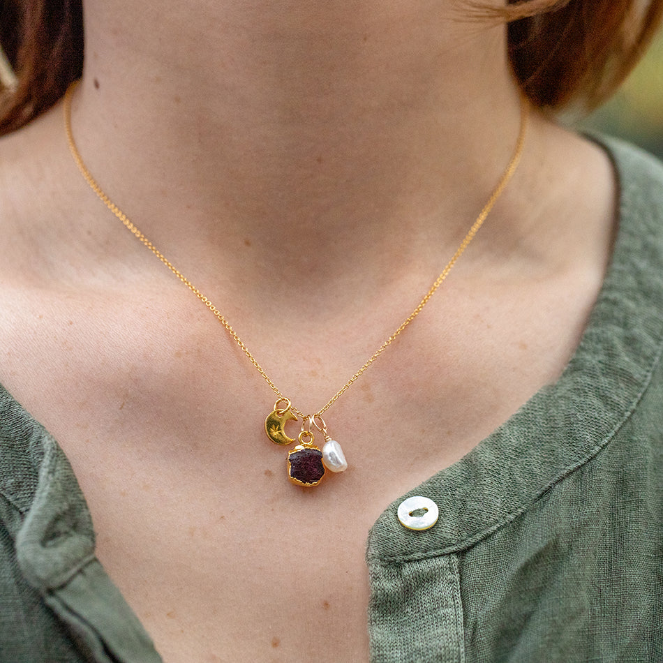 Garnet Crescent Moon Charm Necklace (January Birthstone) - Djuna Studios